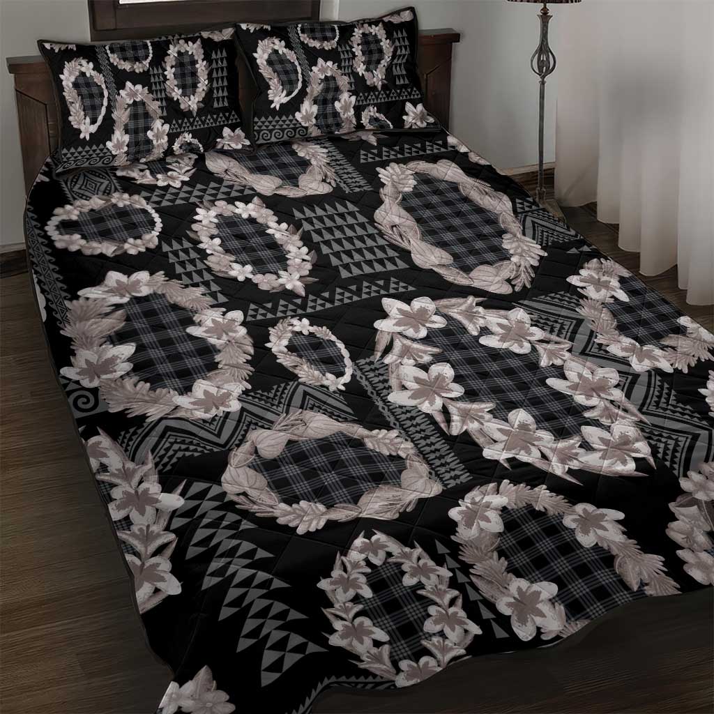 Hawaiian Leis Quilt Bed Set Kakau Tattoos and Palaka Pastel Grayscale LT03 Black - Polynesian Pride