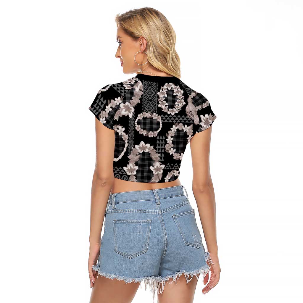 Hawaiian Leis Raglan Cropped T Shirt Kakau Tattoos and Palaka Pastel Grayscale LT03 - Polynesian Pride