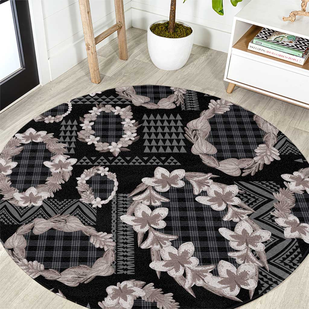 Hawaiian Leis Round Carpet Kakau Tattoos and Palaka Pastel Grayscale LT03 Black - Polynesian Pride