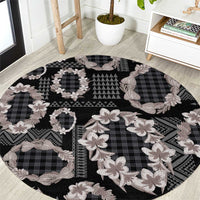 Hawaiian Leis Round Carpet Kakau Tattoos and Palaka Pastel Grayscale LT03 Black - Polynesian Pride