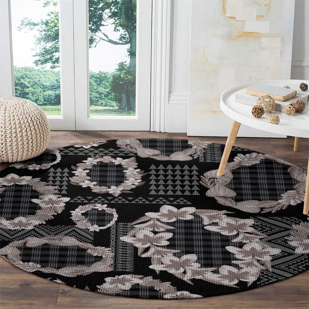 Hawaiian Leis Round Carpet Kakau Tattoos and Palaka Pastel Grayscale LT03 - Polynesian Pride