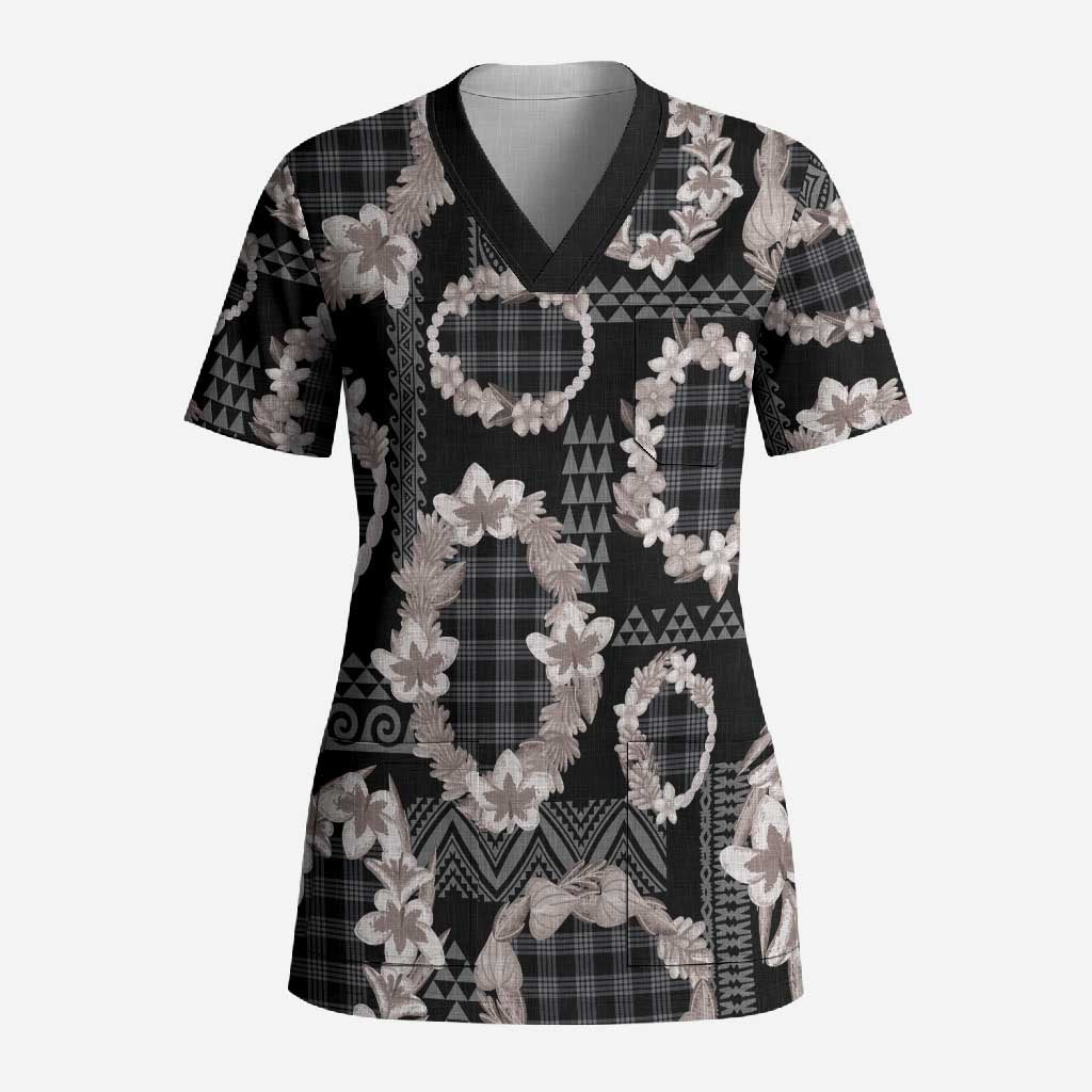 Hawaiian Leis Scrub Top Kakau Tattoos and Palaka Pastel Grayscale LT03 Adult Black - Polynesian Pride
