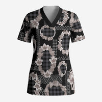 Hawaiian Leis Scrub Top Kakau Tattoos and Palaka Pastel Grayscale LT03 Adult Black - Polynesian Pride