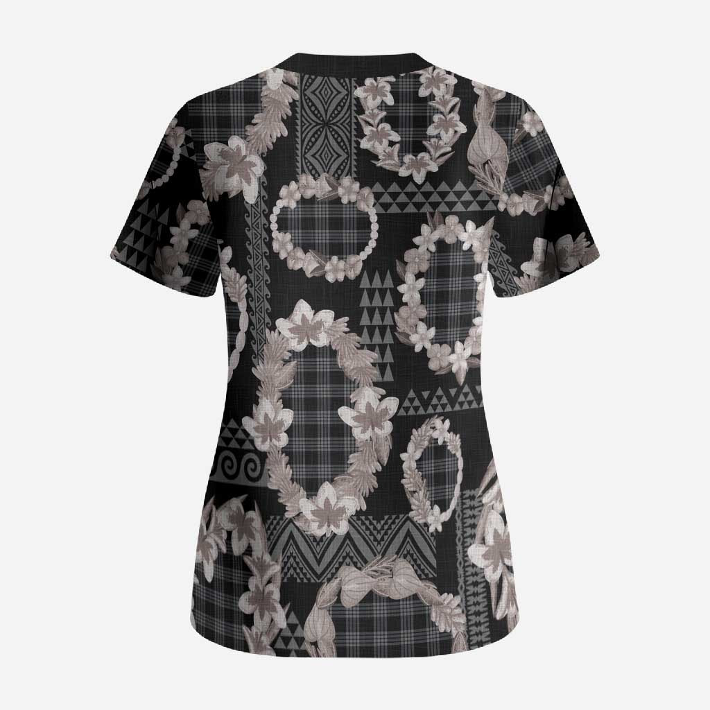 Hawaiian Leis Scrub Top Kakau Tattoos and Palaka Pastel Grayscale LT03 - Polynesian Pride