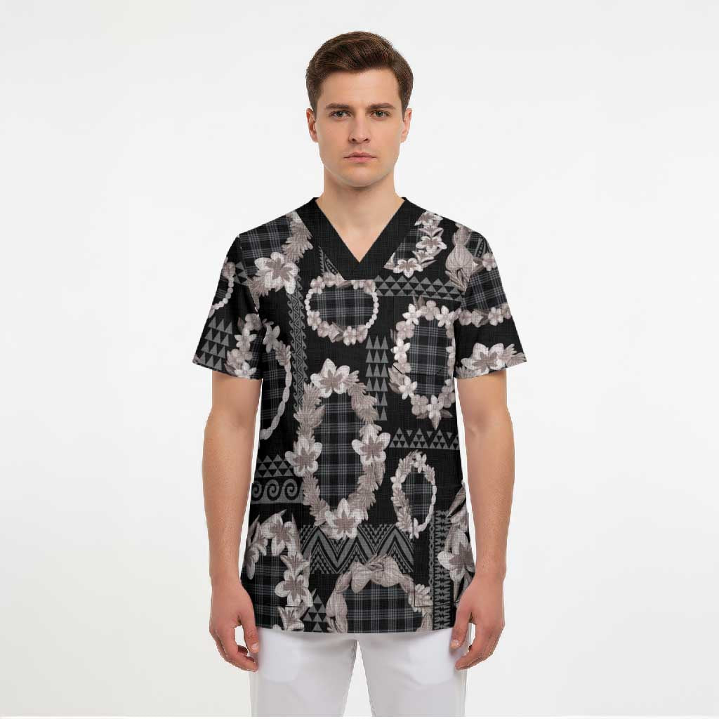 Hawaiian Leis Scrub Top Kakau Tattoos and Palaka Pastel Grayscale LT03 - Polynesian Pride