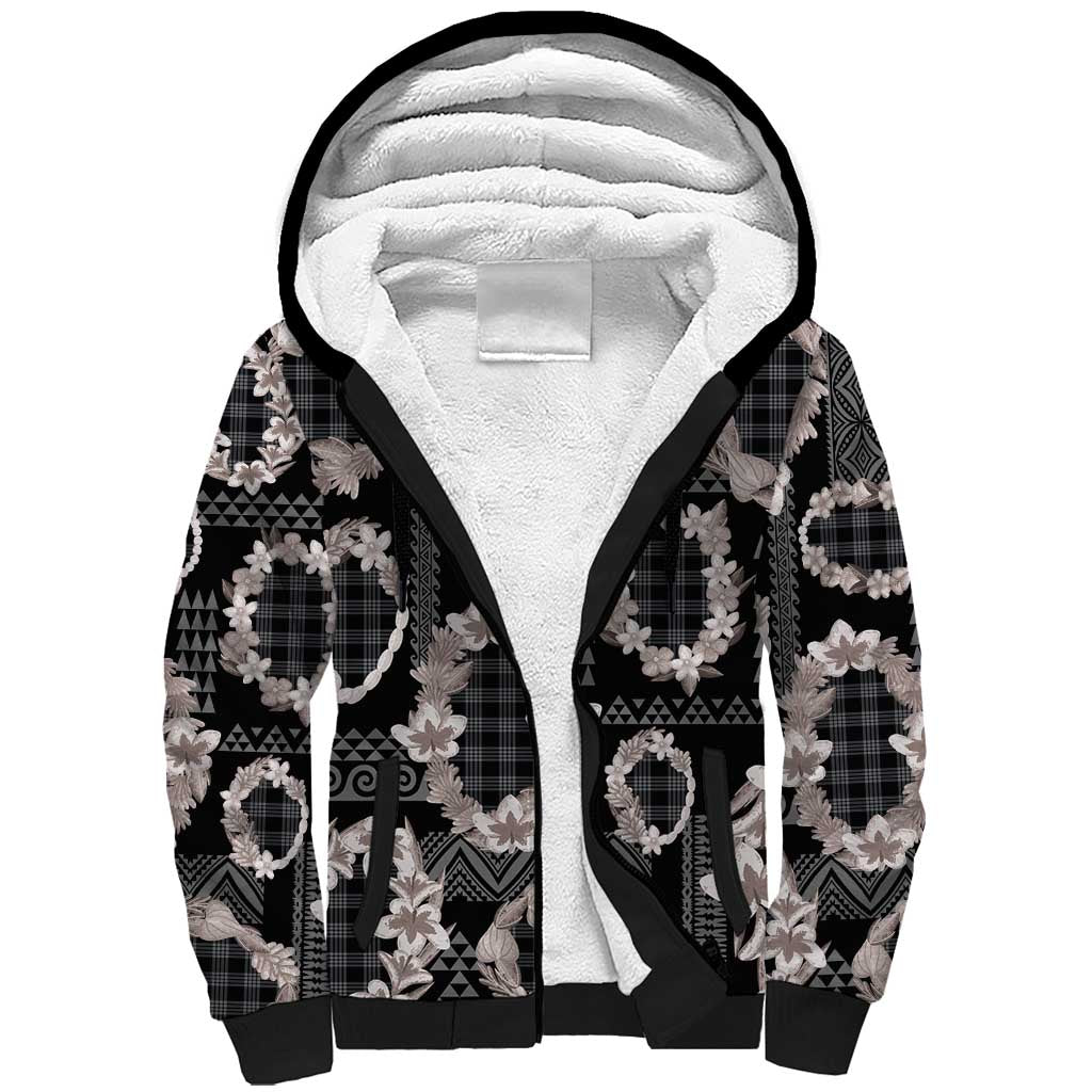 Hawaiian Leis Sherpa Hoodie Kakau Tattoos and Palaka Pastel Grayscale LT03 Unisex Black - Polynesian Pride