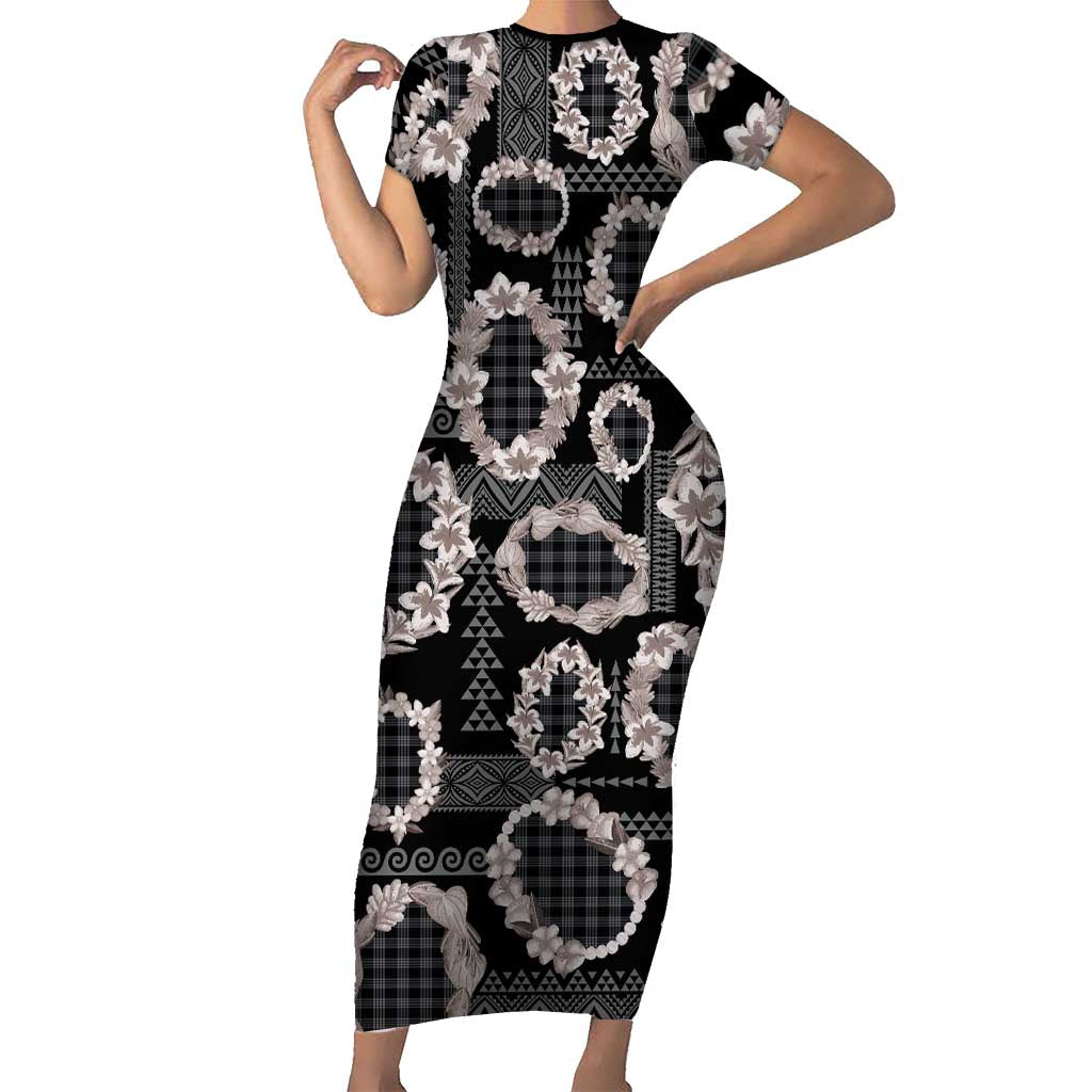 Hawaiian Leis Short Sleeve Bodycon Dress Kakau Tattoos and Palaka Pastel Grayscale LT03 Long Dress Black - Polynesian Pride