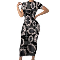 Hawaiian Leis Short Sleeve Bodycon Dress Kakau Tattoos and Palaka Pastel Grayscale LT03 Long Dress Black - Polynesian Pride