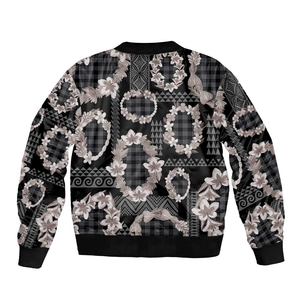 Hawaiian Leis Sleeve Zip Bomber Jacket Kakau Tattoos and Palaka Pastel Grayscale LT03 - Polynesian Pride