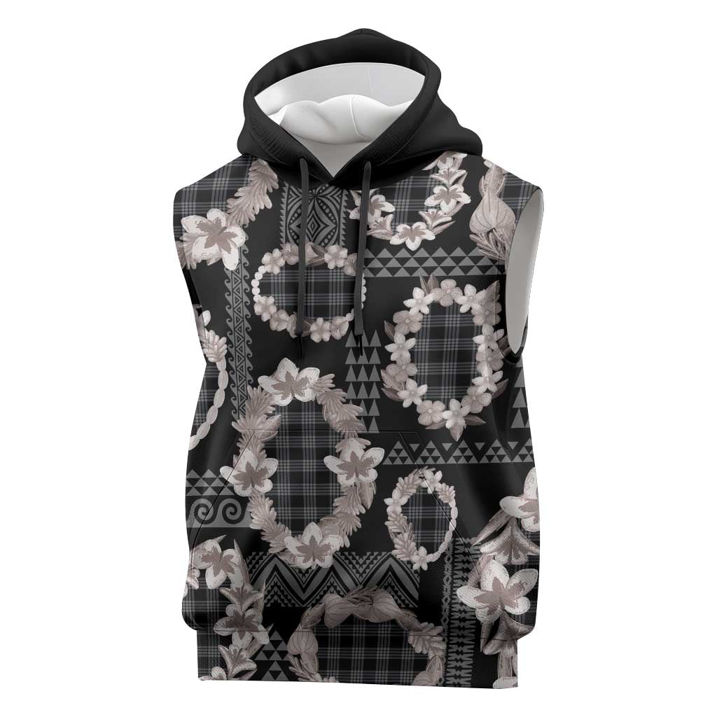 Hawaiian Leis Sleeveless Hoodie Kakau Tattoos and Palaka Pastel Grayscale LT03 Black - Polynesian Pride