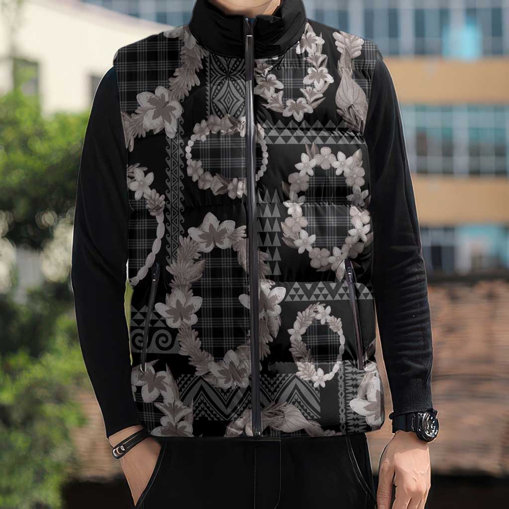 Hawaiian Leis Sleeveless Puffer Jacket Kakau Tattoos and Palaka Pastel Grayscale LT03 - Polynesian Pride