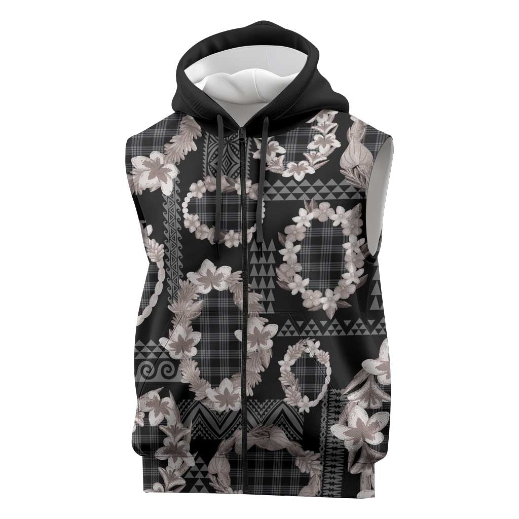 Hawaiian Leis Sleeveless Zip Hoodie Kakau Tattoos and Palaka Pastel Grayscale LT03 Black - Polynesian Pride