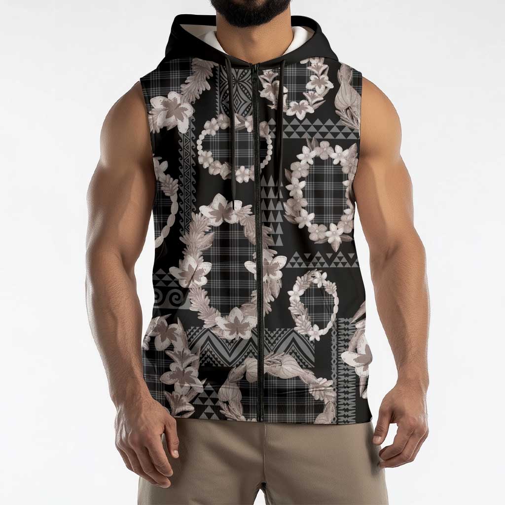 Hawaiian Leis Sleeveless Zip Hoodie Kakau Tattoos and Palaka Pastel Grayscale LT03 - Polynesian Pride