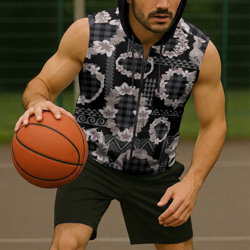 Hawaiian Leis Sleeveless Zip Hoodie Kakau Tattoos and Palaka Pastel Grayscale LT03 - Polynesian Pride