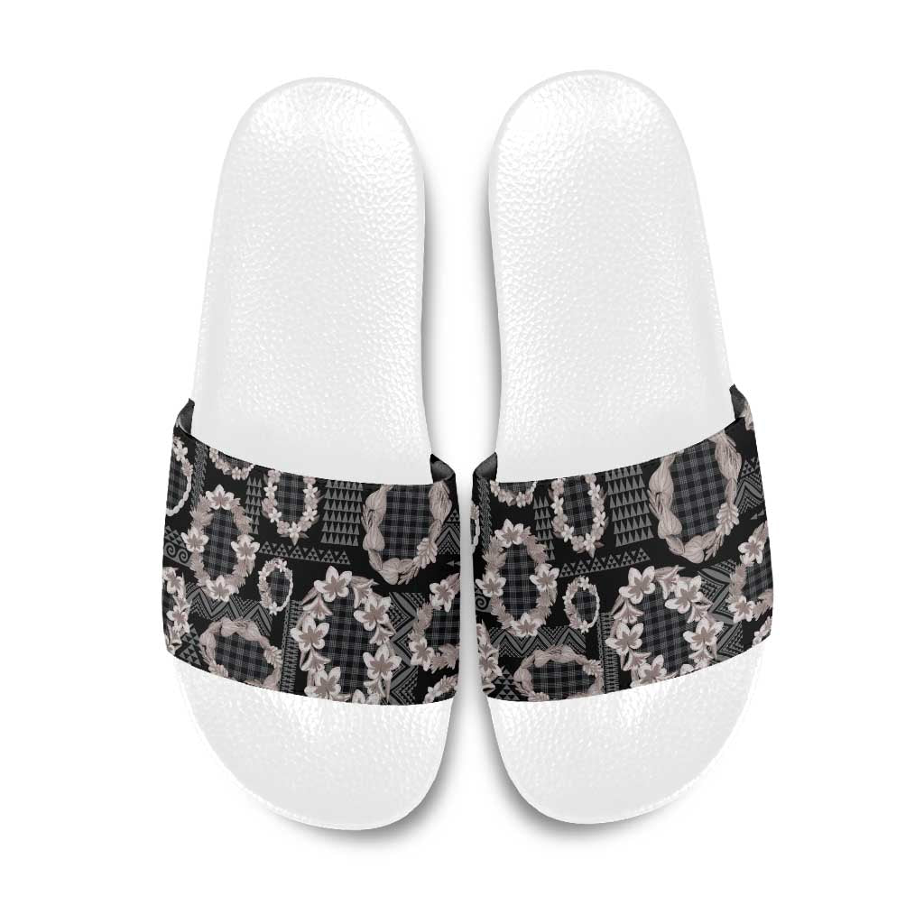 Hawaiian Leis Slide Sandals Kakau Tattoos and Palaka Pastel Grayscale LT03 Black - Polynesian Pride