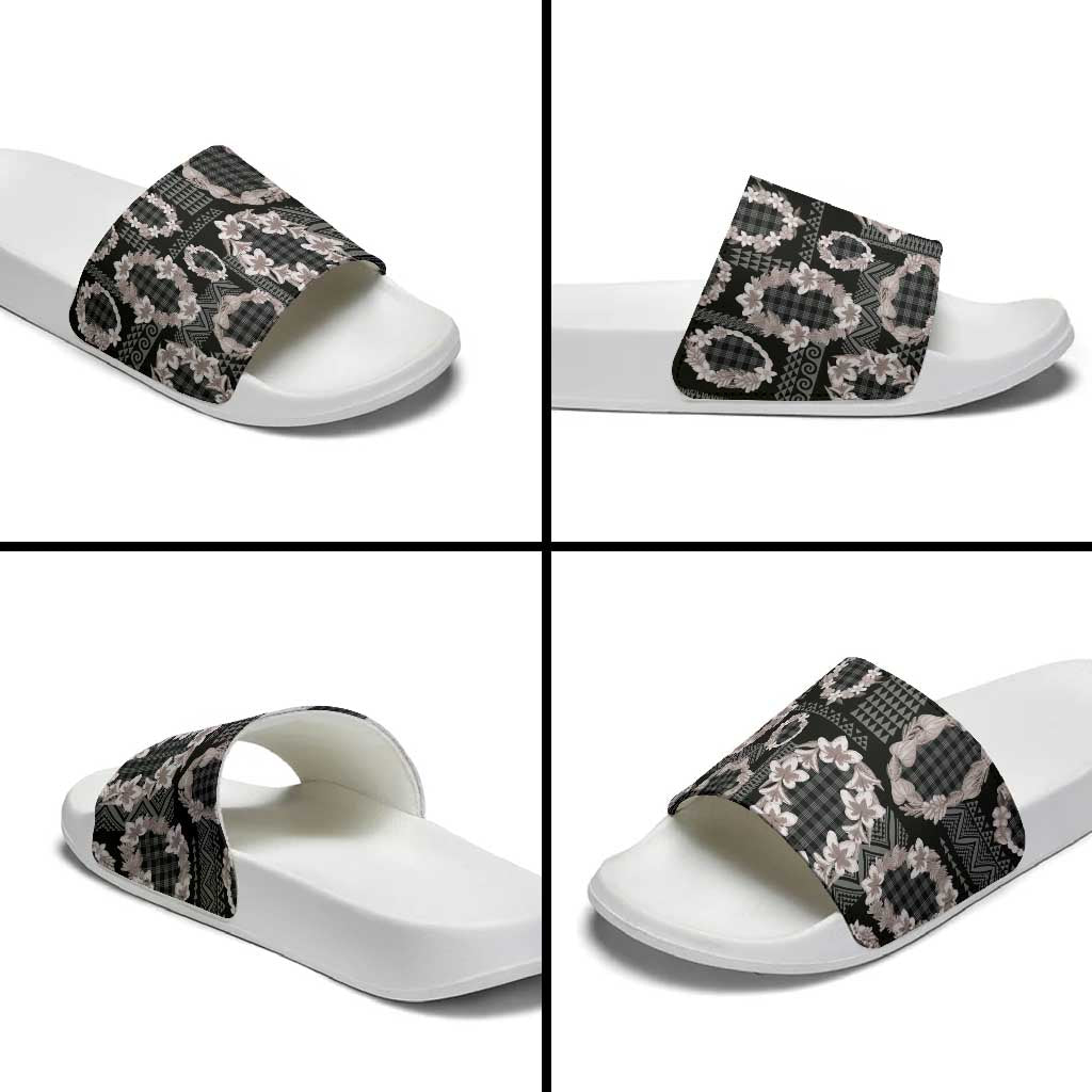 Hawaiian Leis Slide Sandals Kakau Tattoos and Palaka Pastel Grayscale LT03 - Polynesian Pride