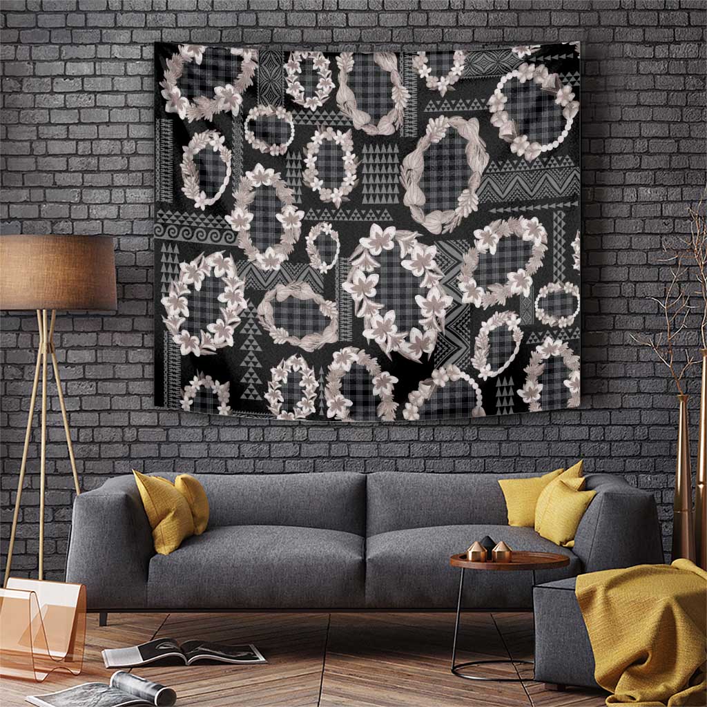 Hawaiian Leis Tapestry Kakau Tattoos and Palaka Pastel Grayscale LT03 Black - Polynesian Pride