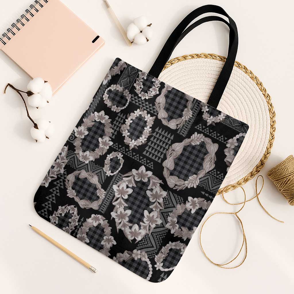 Hawaiian Leis Tote Bag Kakau Tattoos and Palaka Pastel Grayscale LT03 Black Strap One Size Black - Polynesian Pride