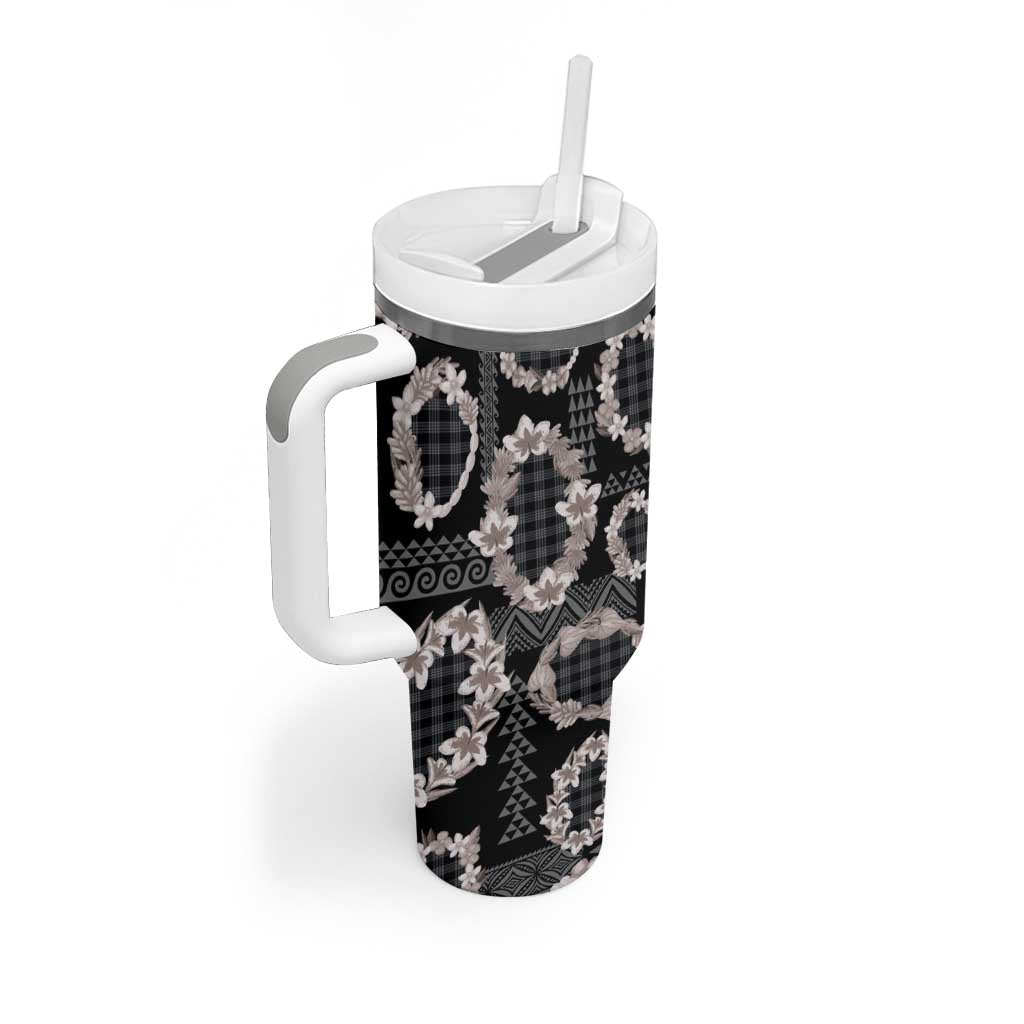 Hawaiian Leis Tumbler With Handle Kakau Tattoos and Palaka Pastel Grayscale LT03 - Polynesian Pride