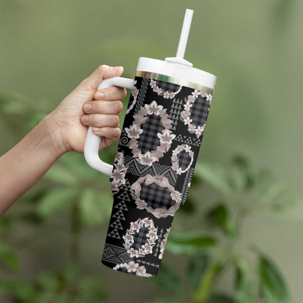 Hawaiian Leis Tumbler With Handle Kakau Tattoos and Palaka Pastel Grayscale LT03 - Polynesian Pride