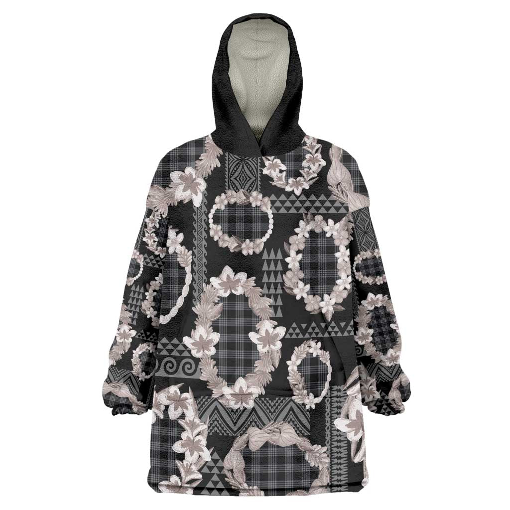 Hawaiian Leis Wearable Blanket Hoodie Kakau Tattoos and Palaka Pastel Grayscale