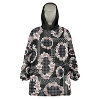 Hawaiian Leis Wearable Blanket Hoodie Kakau Tattoos and Palaka Pastel Grayscale