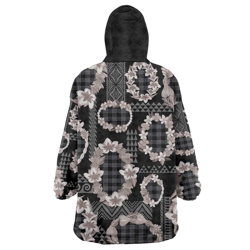 Hawaiian Leis Wearable Blanket Hoodie Kakau Tattoos and Palaka Pastel Grayscale