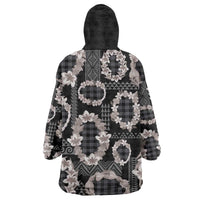 Hawaiian Leis Wearable Blanket Hoodie Kakau Tattoos and Palaka Pastel Grayscale