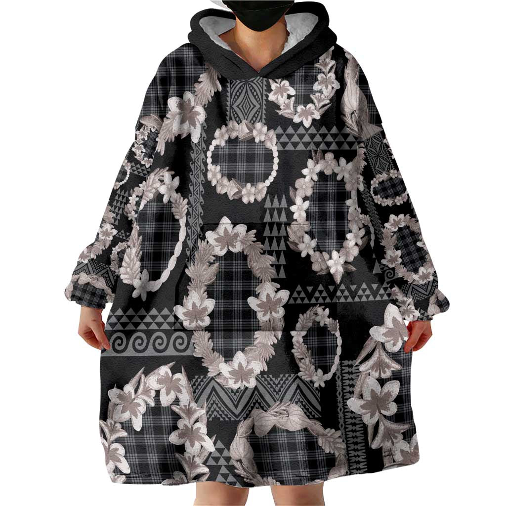 Hawaiian Leis Wearable Blanket Hoodie Kakau Tattoos and Palaka Pastel Grayscale