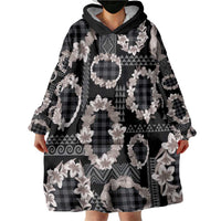 Hawaiian Leis Wearable Blanket Hoodie Kakau Tattoos and Palaka Pastel Grayscale