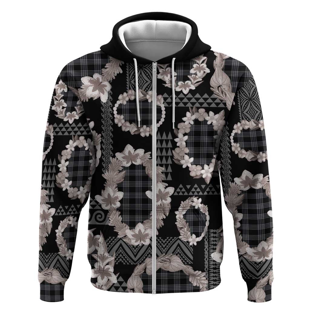 Hawaiian Leis Zip Hoodie Kakau Tattoos and Palaka Pastel Grayscale LT03 Zip Hoodie Black - Polynesian Pride