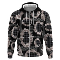 Hawaiian Leis Zip Hoodie Kakau Tattoos and Palaka Pastel Grayscale LT03 Zip Hoodie Black - Polynesian Pride