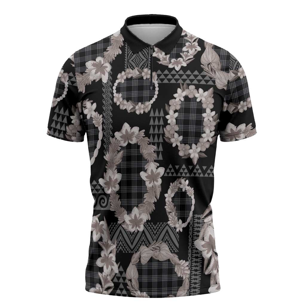 Hawaiian Leis Zipper Polo Shirt Kakau Tattoos and Palaka Pastel Grayscale LT03 Black - Polynesian Pride