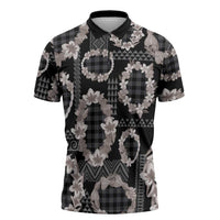 Hawaiian Leis Zipper Polo Shirt Kakau Tattoos and Palaka Pastel Grayscale LT03 Black - Polynesian Pride