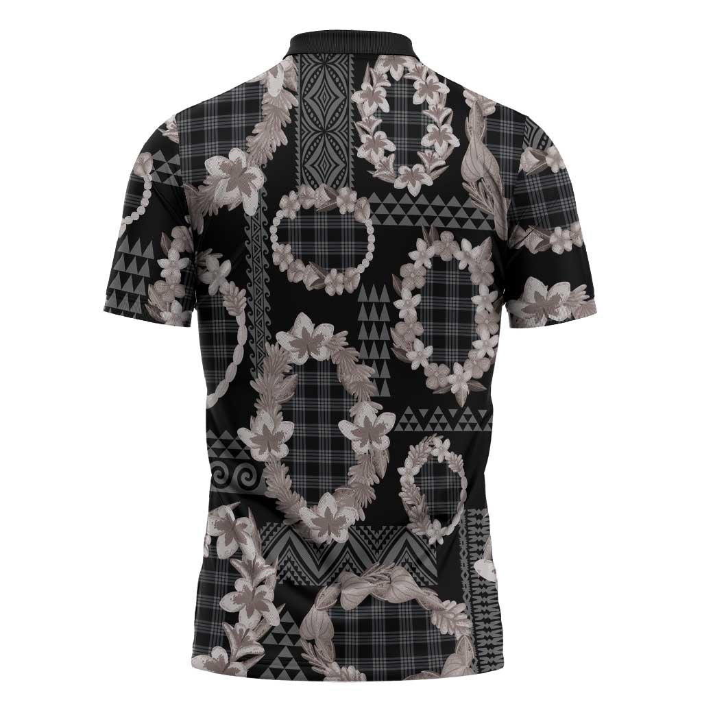 Hawaiian Leis Zipper Polo Shirt Kakau Tattoos and Palaka Pastel Grayscale LT03 - Polynesian Pride