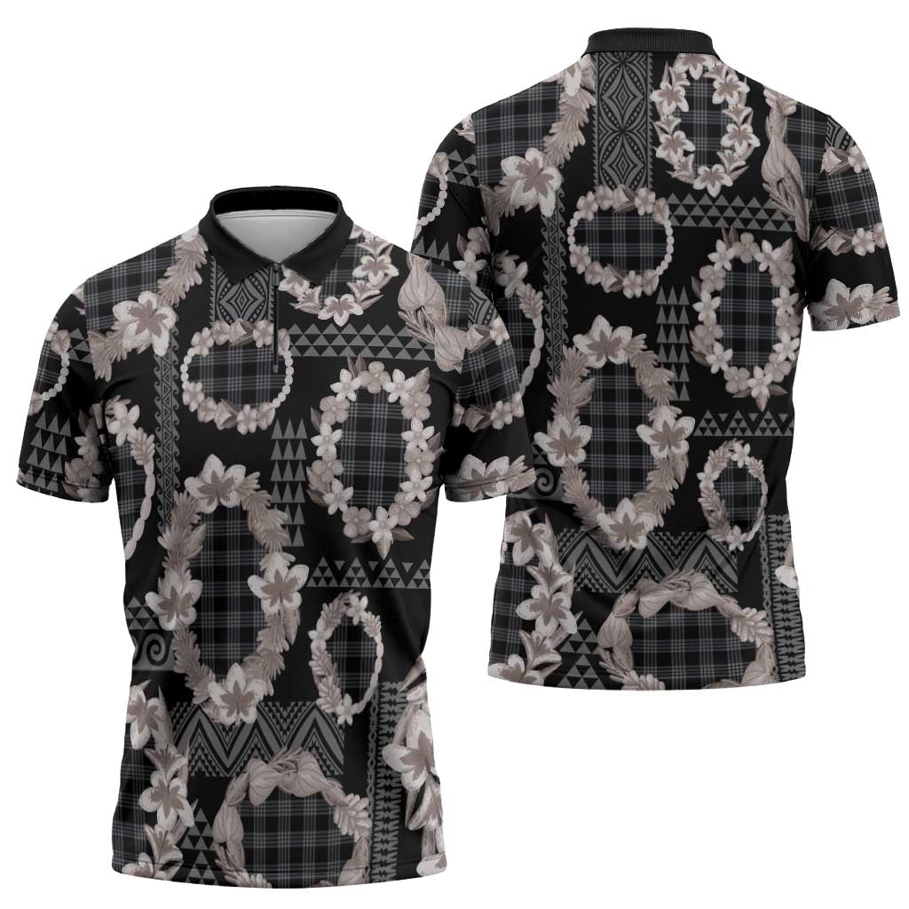Hawaiian Leis Zipper Polo Shirt Kakau Tattoos and Palaka Pastel Grayscale LT03 - Polynesian Pride