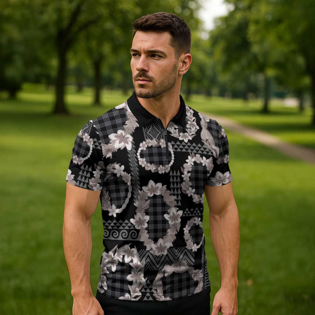 Hawaiian Leis Zipper Polo Shirt Kakau Tattoos and Palaka Pastel Grayscale LT03 - Polynesian Pride