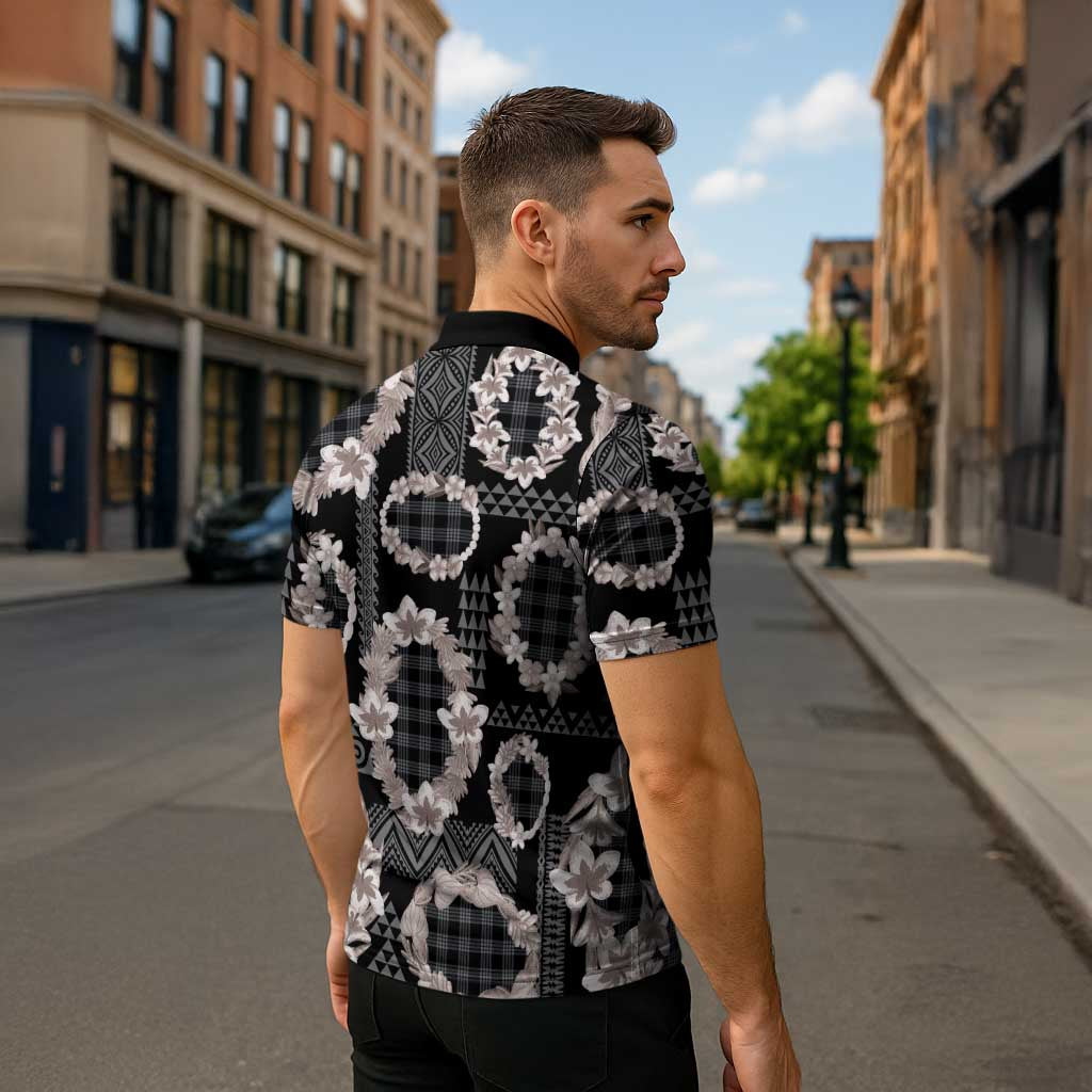 Hawaiian Leis Zipper Polo Shirt Kakau Tattoos and Palaka Pastel Grayscale LT03 - Polynesian Pride