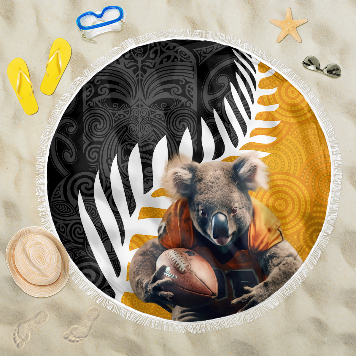 New Zealand and Australia Rugby Beach Blanket Koala and Maori Warrior Together