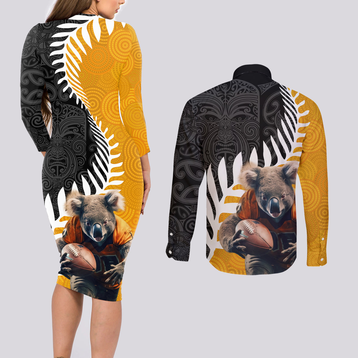 New Zealand and Australia Rugby Couples Matching Long Sleeve Bodycon Dress and Long Sleeve Button Shirt Koala and Maori Warrior Together
