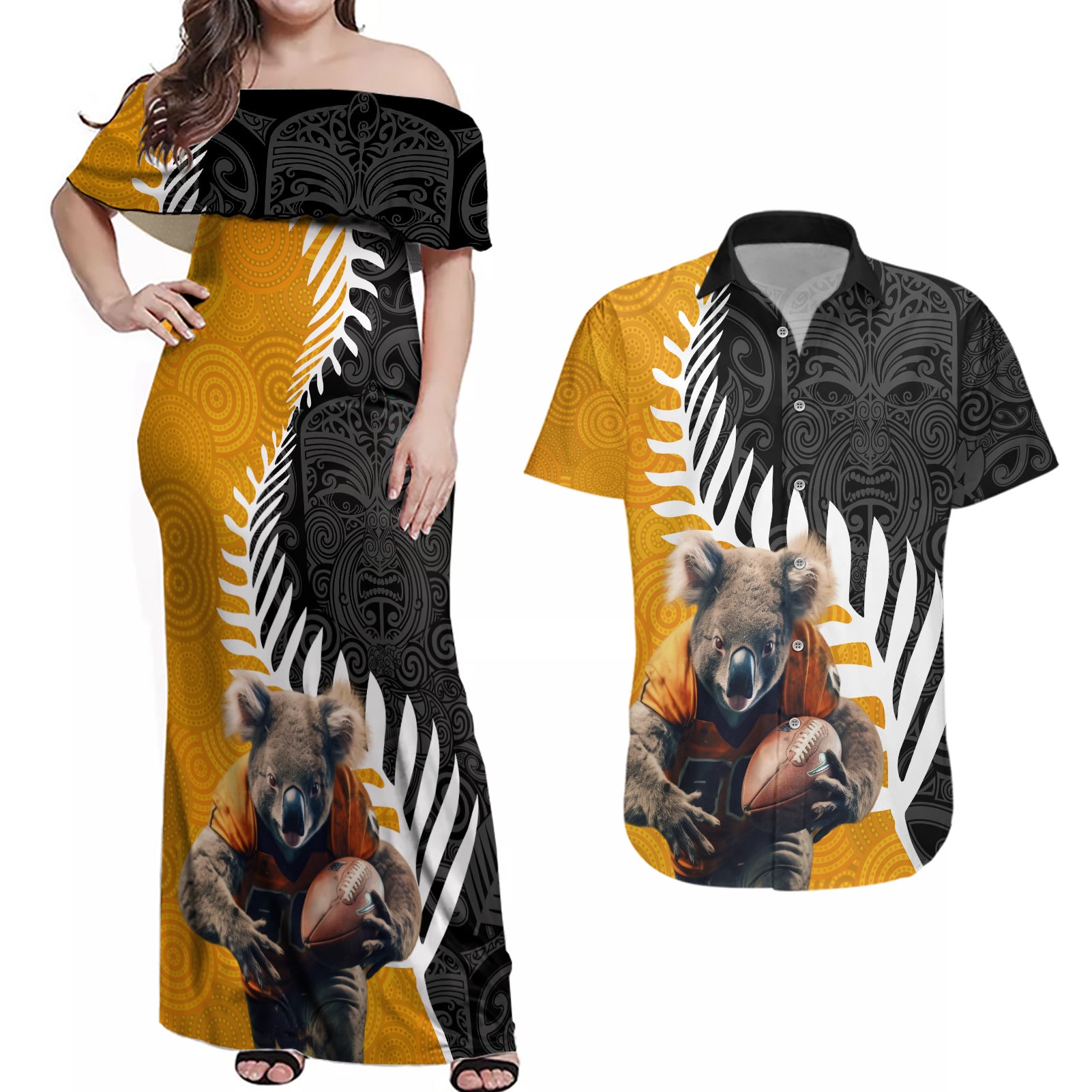 New Zealand and Australia Rugby Couples Matching Off Shoulder Maxi Dress and Hawaiian Shirt Koala and Maori Warrior Together