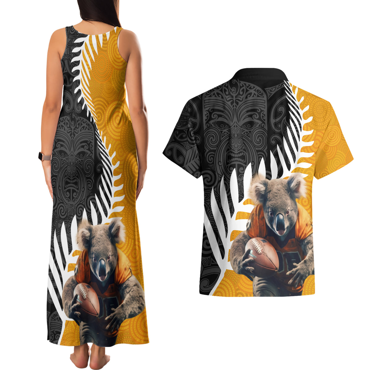New Zealand and Australia Rugby Couples Matching Tank Maxi Dress and Hawaiian Shirt Koala and Maori Warrior Together