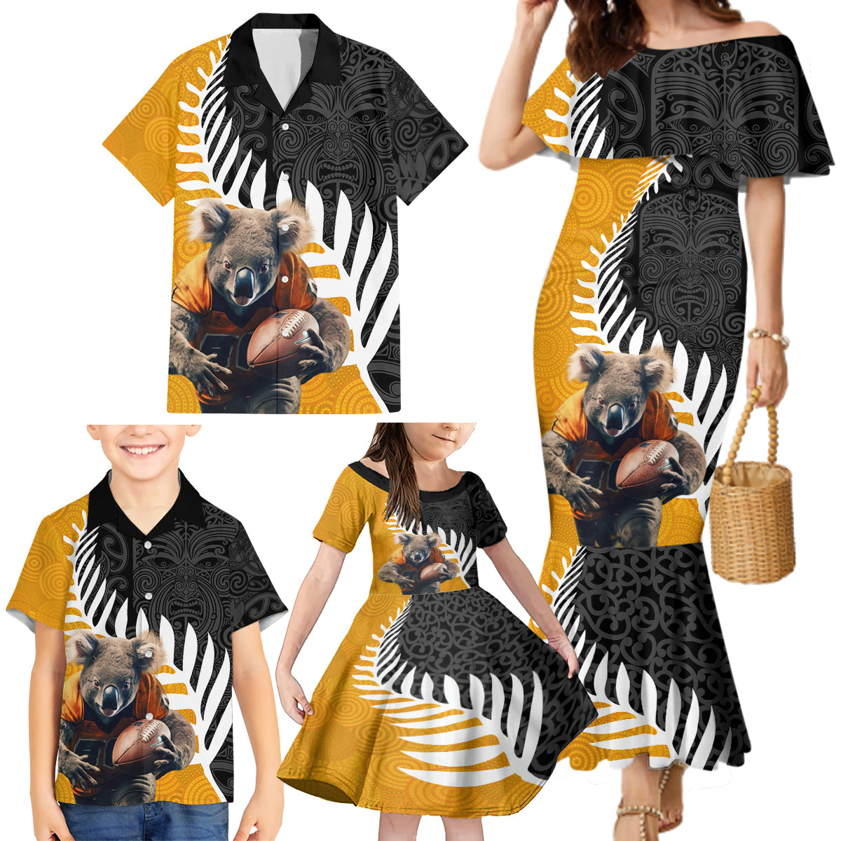 New Zealand and Australia Rugby Family Matching Mermaid Dress and Hawaiian Shirt Koala and Maori Warrior Together