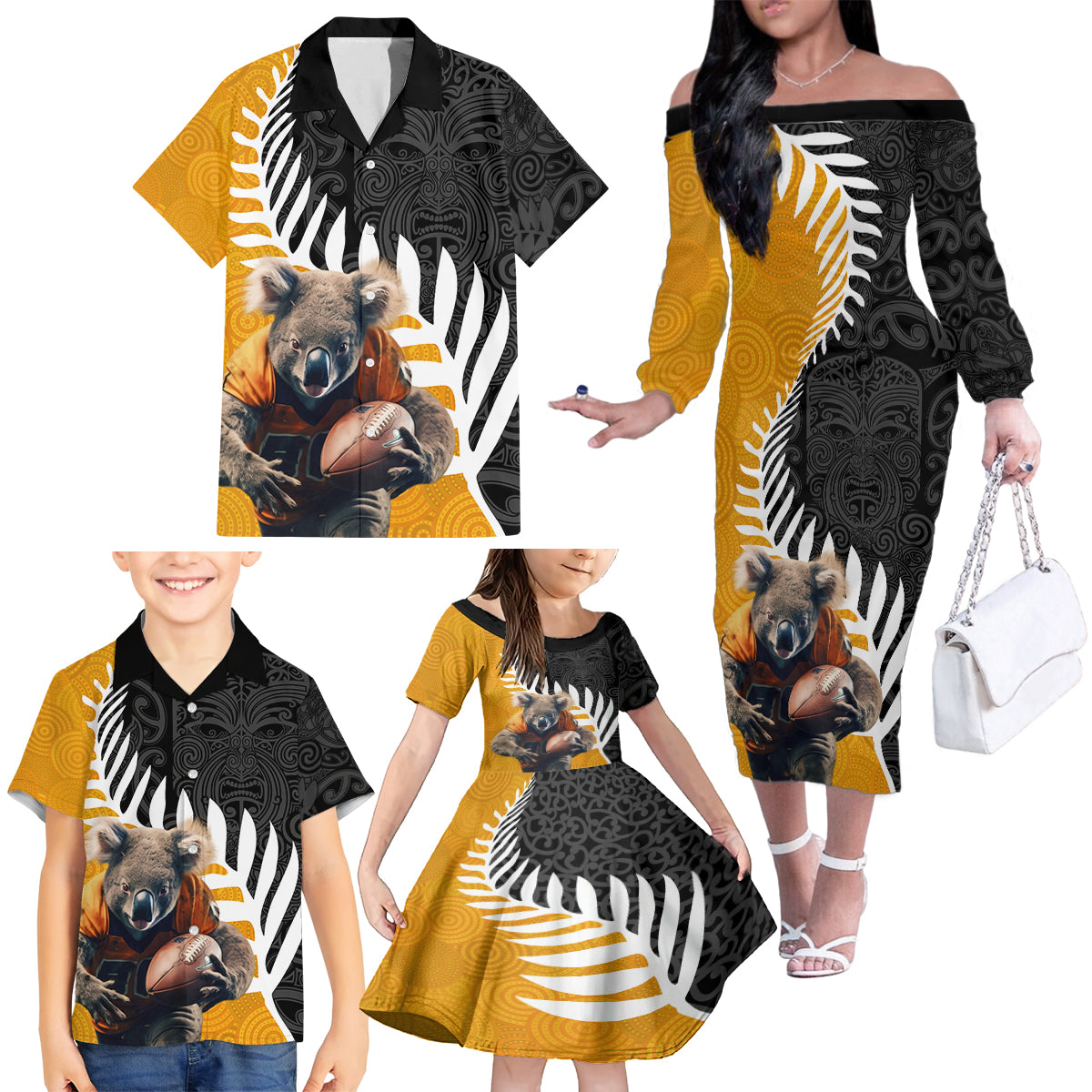 New Zealand and Australia Rugby Family Matching Off The Shoulder Long Sleeve Dress and Hawaiian Shirt Koala and Maori Warrior Together