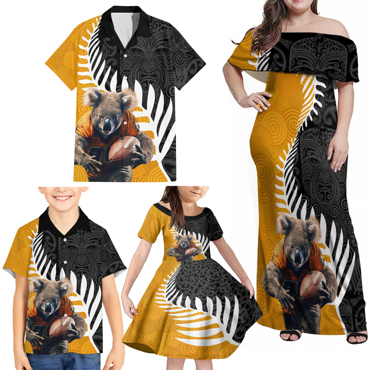 New Zealand and Australia Rugby Family Matching Off Shoulder Maxi Dress and Hawaiian Shirt Koala and Maori Warrior Together