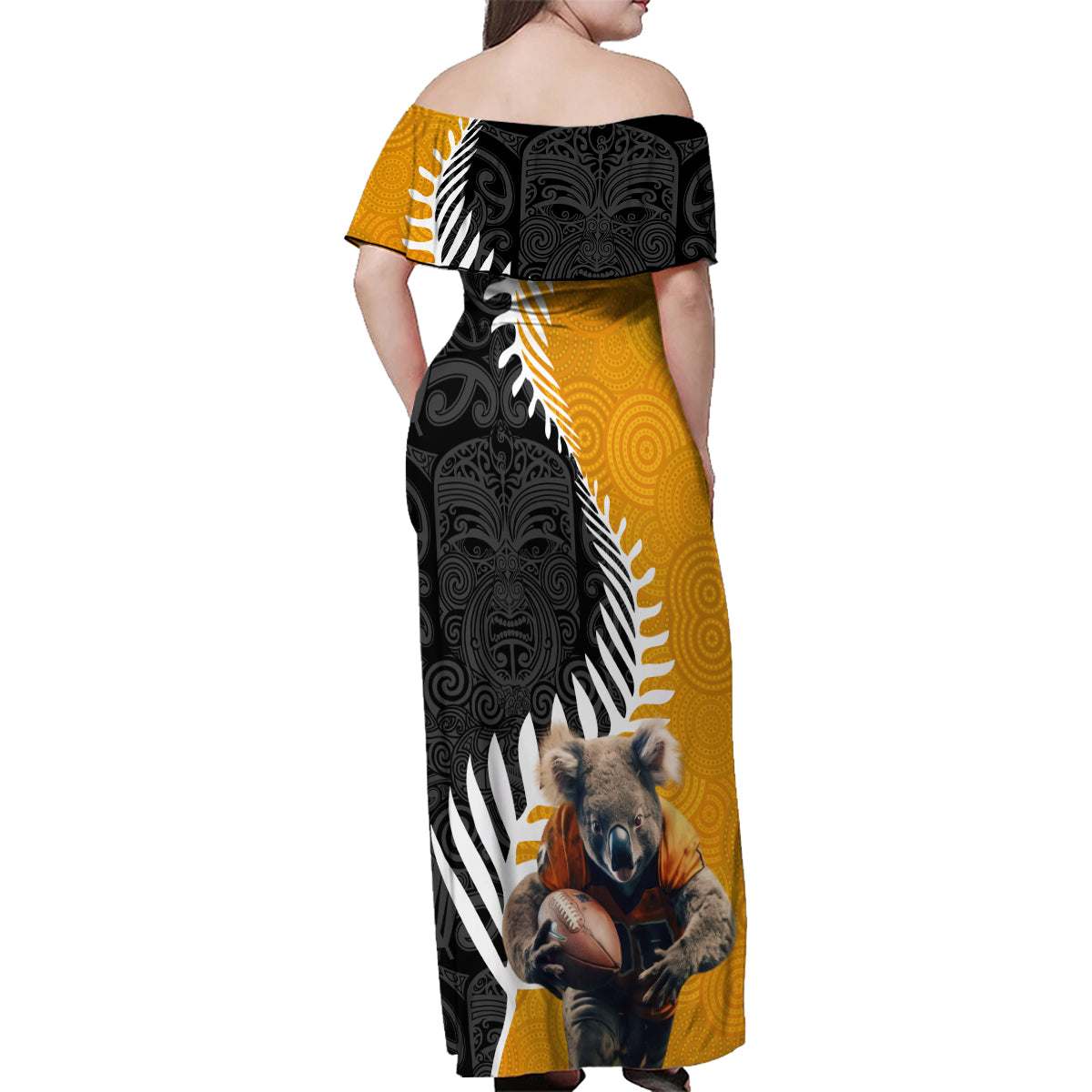 New Zealand and Australia Rugby Family Matching Off Shoulder Maxi Dress and Hawaiian Shirt Koala and Maori Warrior Together