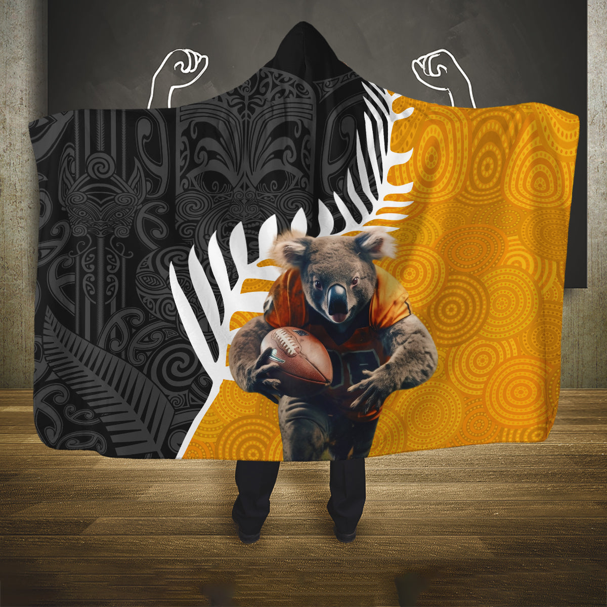 New Zealand and Australia Rugby Hooded Blanket Koala and Maori Warrior Together