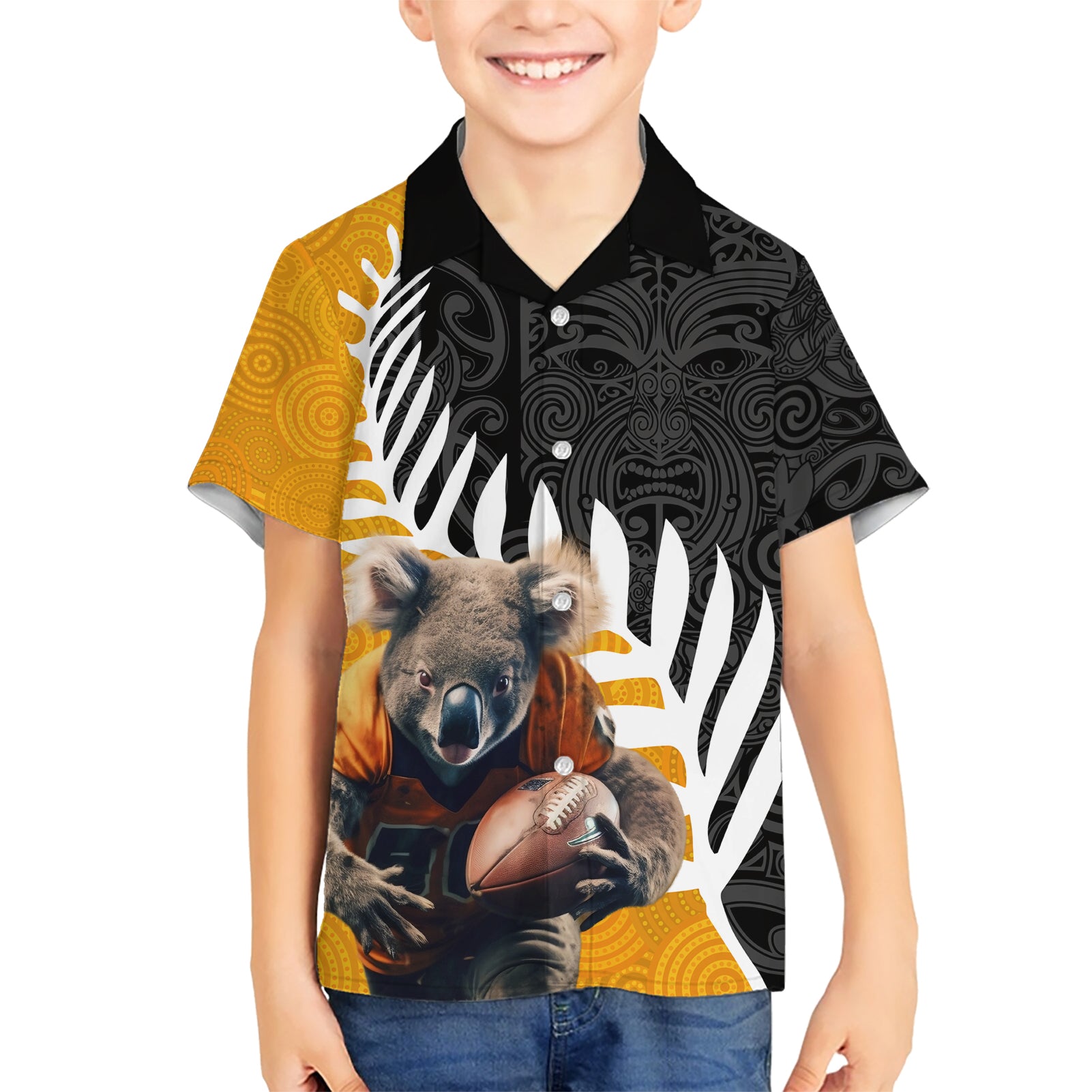 New Zealand and Australia Rugby Kid Hawaiian Shirt Koala and Maori Warrior Together