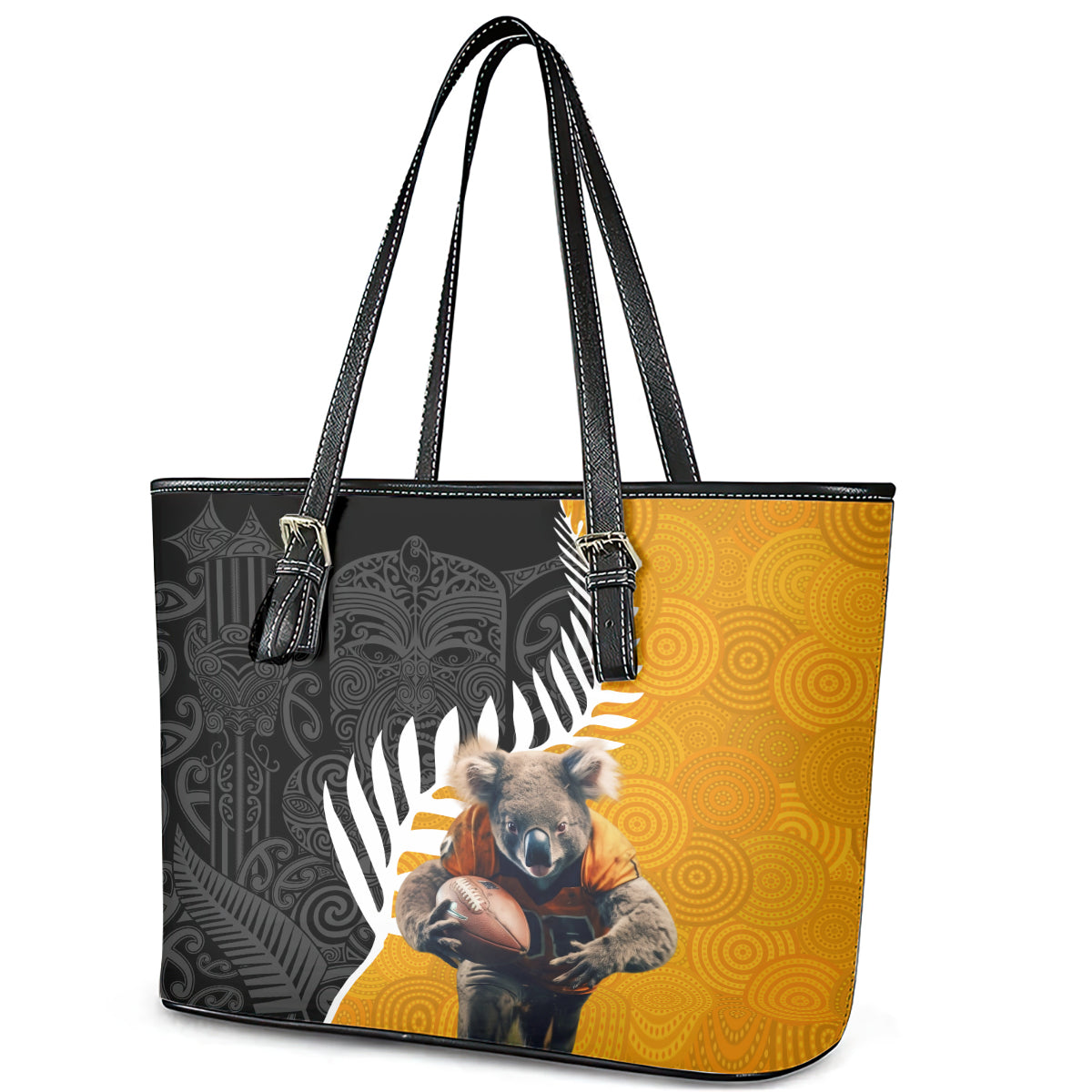 New Zealand and Australia Rugby Leather Tote Bag Koala and Maori Warrior Together