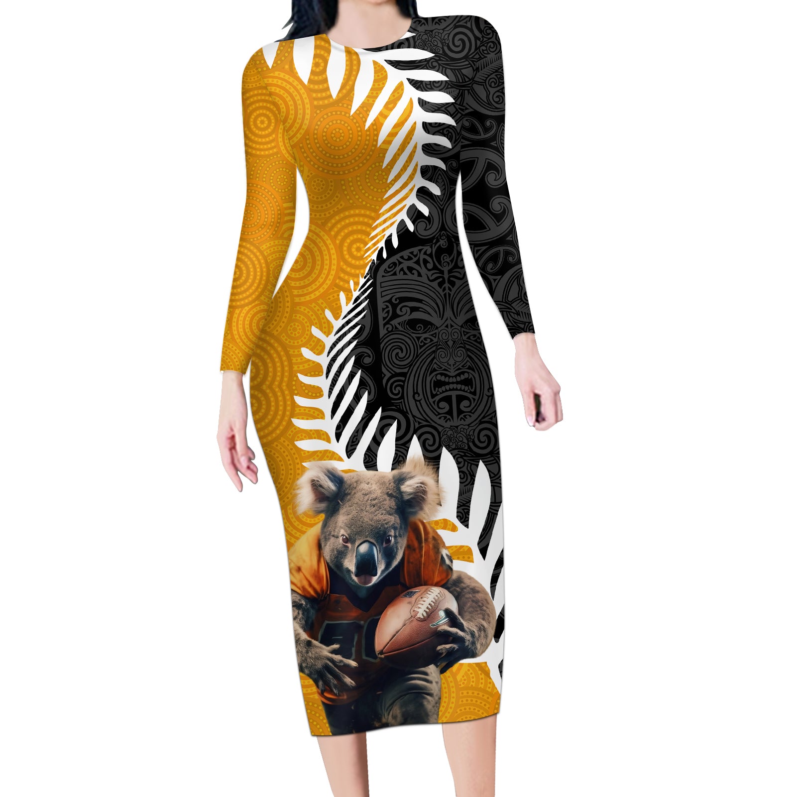 New Zealand and Australia Rugby Long Sleeve Bodycon Dress Koala and Maori Warrior Together